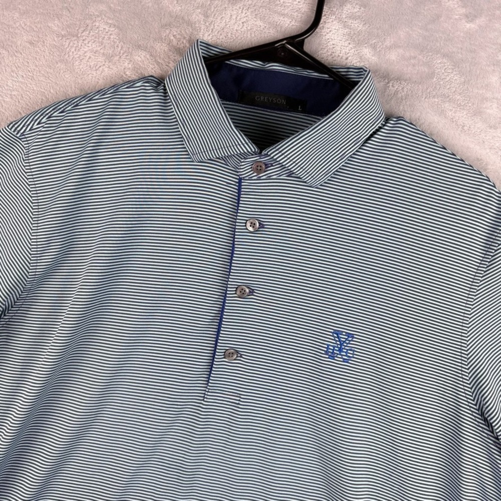 Greyson Polo Shirt Mens Large Striped Performance Tech Blue Golf Tennis